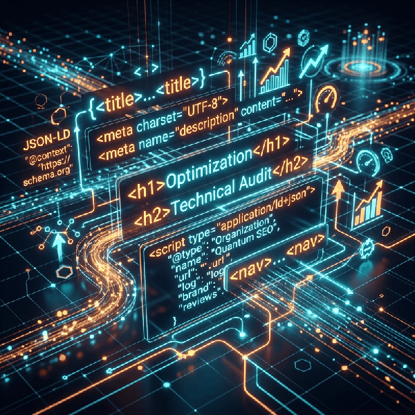 Pantalla de análisis técnico mostrando un código fuente web auditado y optimizado para Google