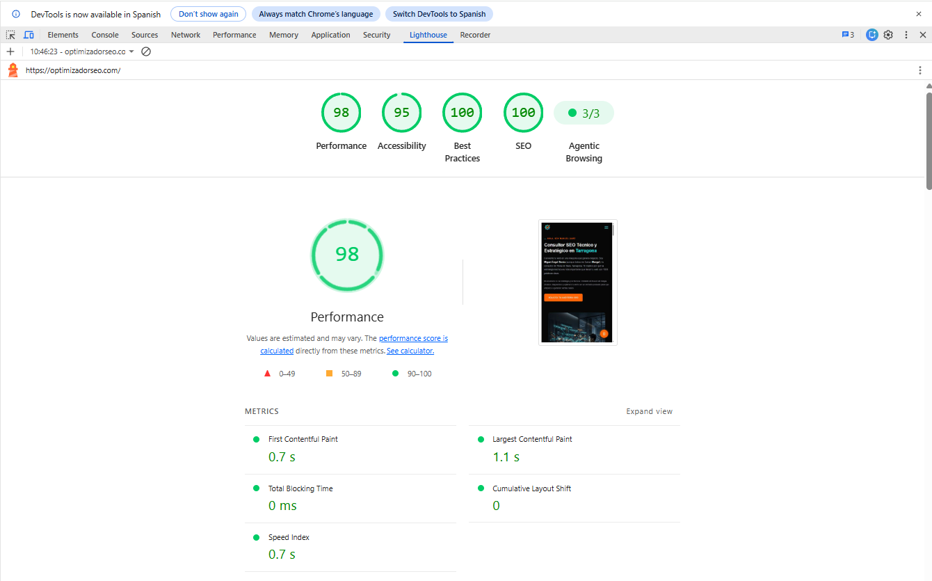 Lighthouse de optimizadorseo.com en escritorio: rendimiento 98, accesibilidad 95, buenas prácticas 100, SEO 100 y Agentic Browsing 3/3.