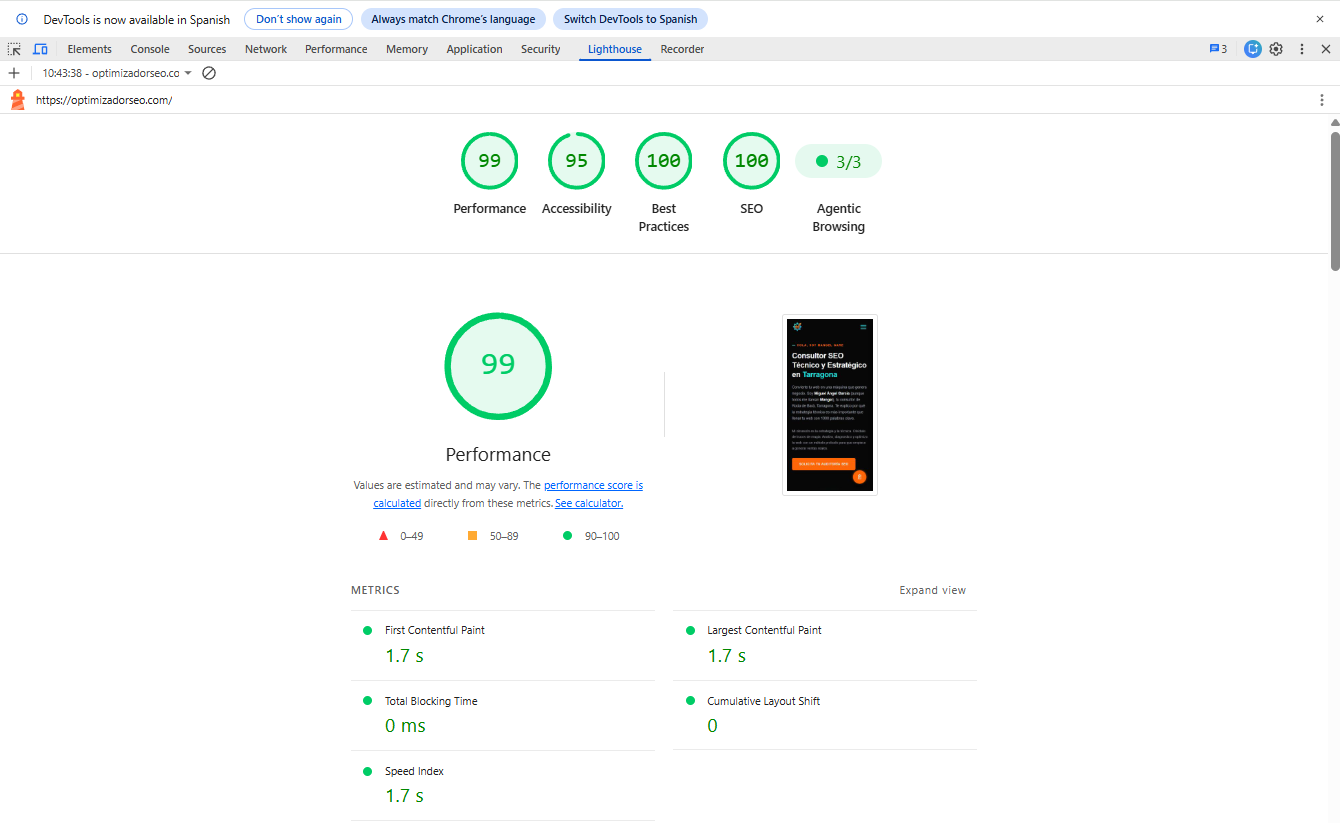 Lighthouse de optimizadorseo.com en móvil: rendimiento 99, accesibilidad 95, buenas prácticas 100, SEO 100 y Agentic Browsing 3/3.