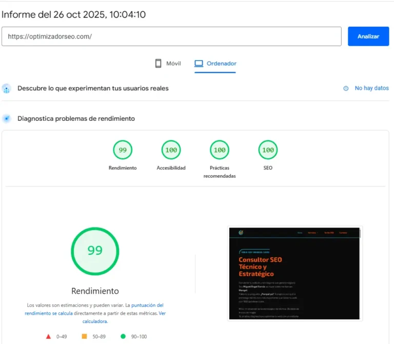 Resultado 99 en rendimiento de escritorio según Google PageSpeed Insights para optimizadorseo.com