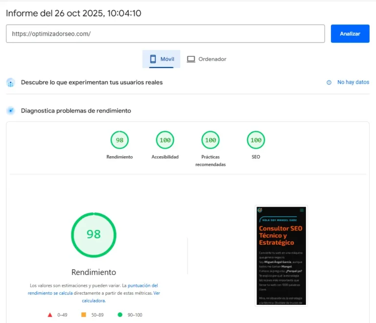 Resultado 98 en rendimiento móvil según Google PageSpeed Insights para optimizadorseo.com